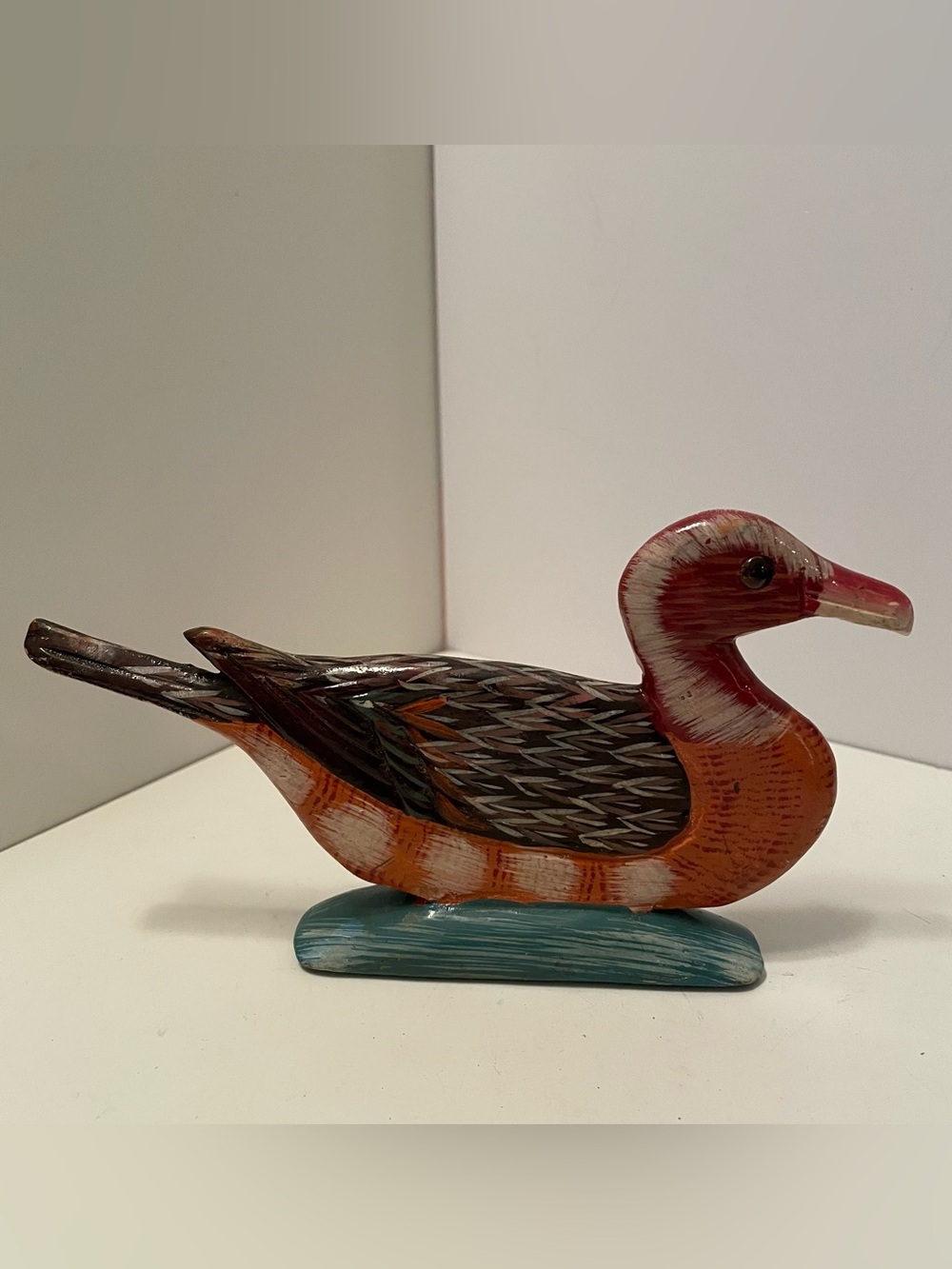 Vintage Hand Painted Lacquered Duck Figurine Lightweight Wood Flat Profile